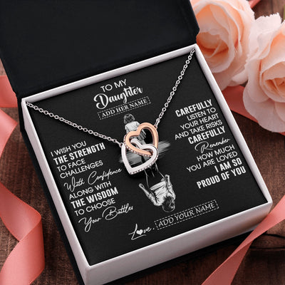 Interlocking Hearts Necklace Stainless Steel & Rose Gold Finish | 2 | Personalized To My Daughter Gifts Necklace From Mom Dad I Wish You The Strength Daughter Birthday Gifts Christmas Graduation Custom Gift Box Message Card | https://teecentury.