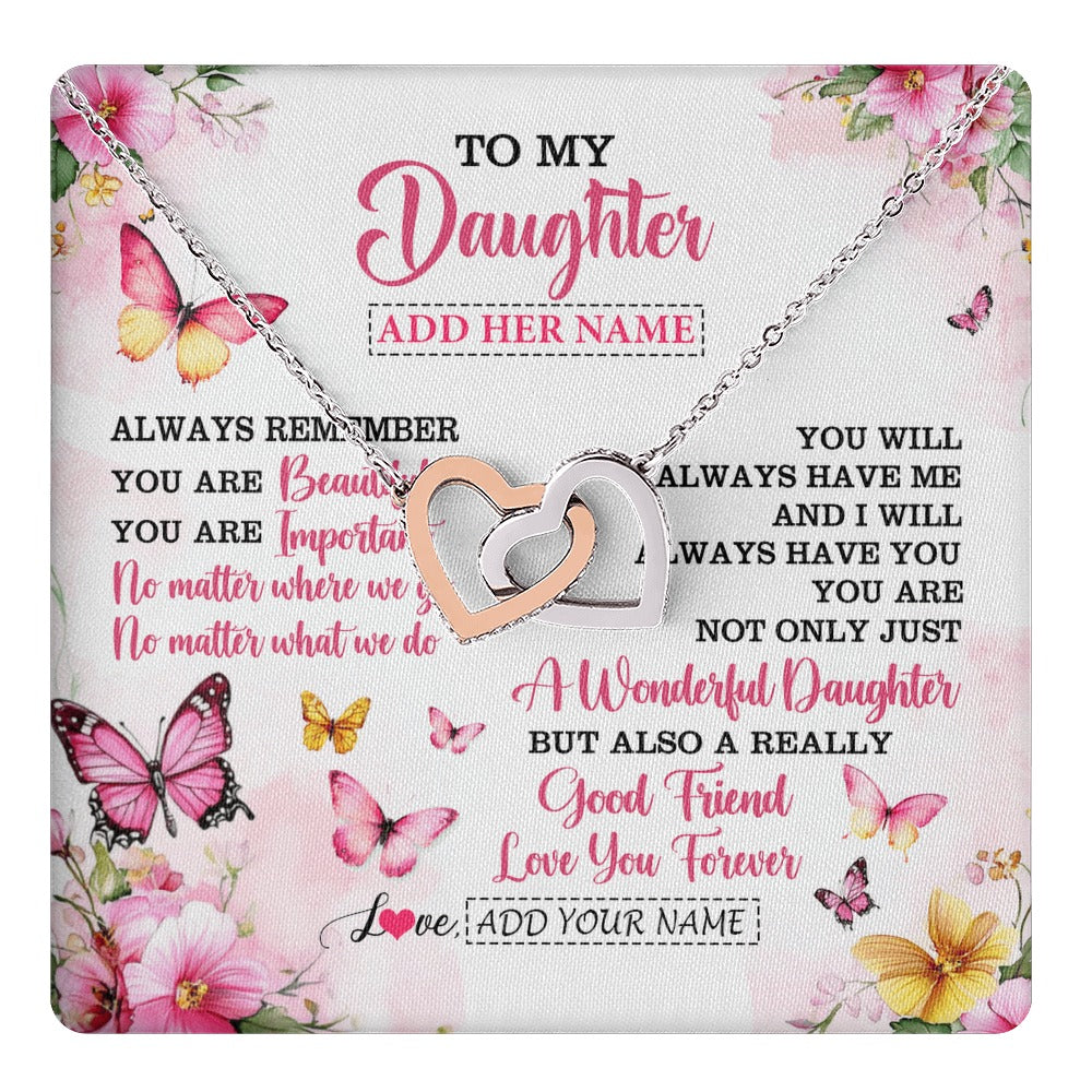 Interlocking Hearts Necklace Stainless Steel & Rose Gold Finish | 1 | Personalized To My Daughter Gifts Necklace From Mom Dad Mother Father You Are Beautiful Birthday Gifts For Daughter Graduation Christmas Gift Box Message Card | https://teecentury.