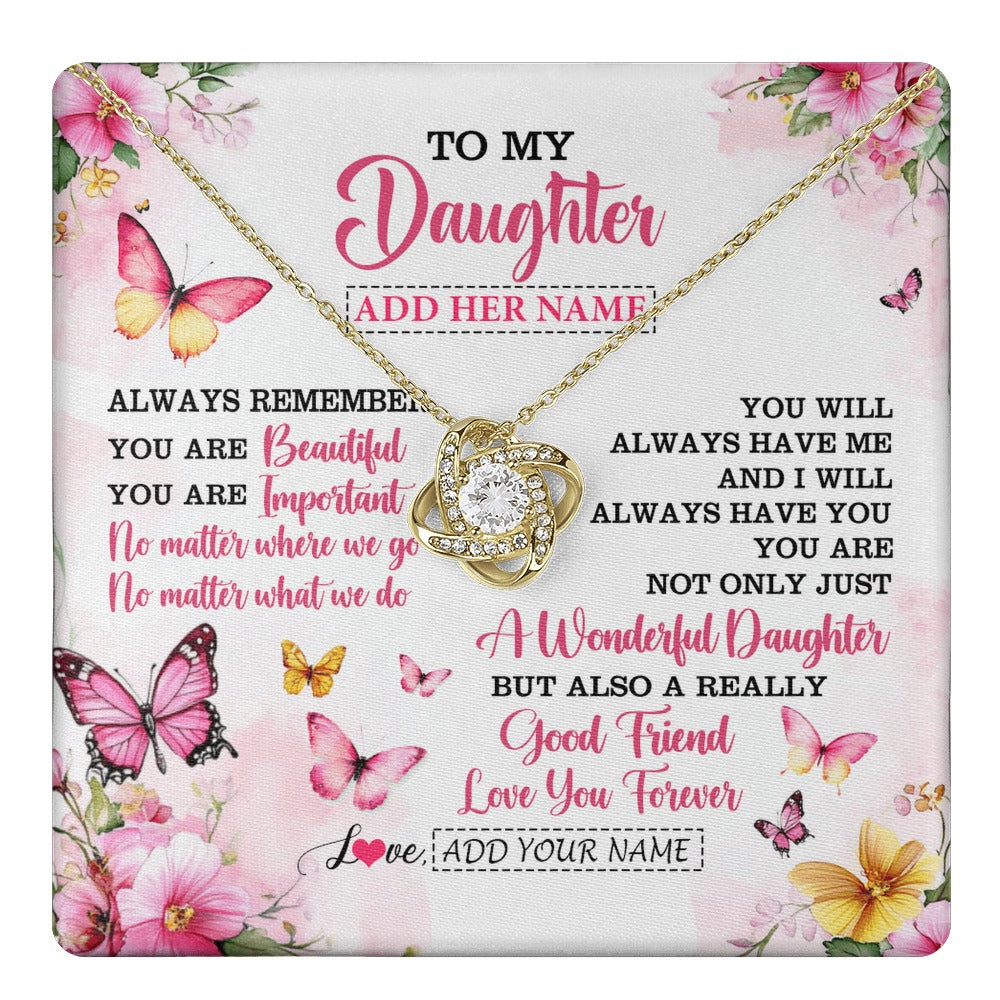 Love Knot Necklace 18K Yellow Gold Finish | 1 | Personalized To My Daughter Gifts Necklace From Mom Dad Mother Father You Are Beautiful Birthday Gifts For Daughter Graduation Christmas Gift Box Message Card | https://teecentury.