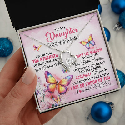 Forever Love Necklace 14K White Gold Finish | 2 | Personalized To My Daughter Gifts Necklace From Mom Dad Mother I Wish You The Strength Butterfly Daughter Birthday Christmas Custom Gift Box Message Card | https://teecentury.