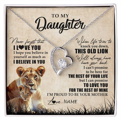Forever Love Necklace 14K White Gold Finish | Personalized To My Daughter Gifts Necklace From Mom Mother Old Lion Daughter Jewelry Birthday Gifts Graduation Christmas Customized Gift Box Message Card | teecentury