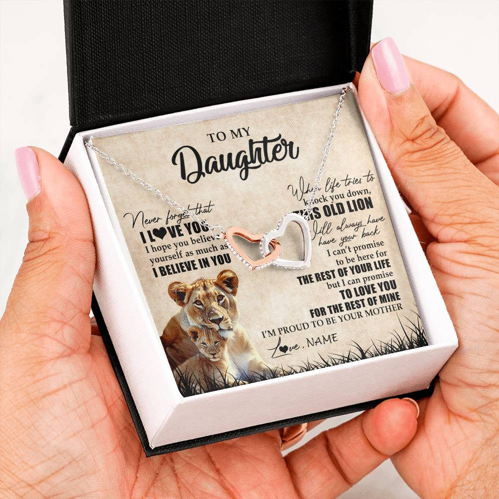 Interlocking Hearts Necklace Stainless Steel & Rose Gold Finish | Personalized To My Daughter Gifts Necklace From Mom Mother Old Lion Daughter Jewelry Birthday Gifts Graduation Christmas Customized Gift Box Message Card | teecentury