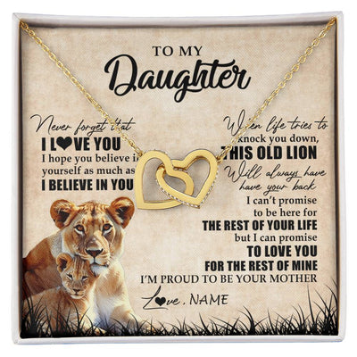Interlocking Hearts Necklace 18K Yellow Gold Finish | Personalized To My Daughter Gifts Necklace From Mom Mother Old Lion Daughter Jewelry Birthday Gifts Graduation Christmas Customized Gift Box Message Card | teecentury
