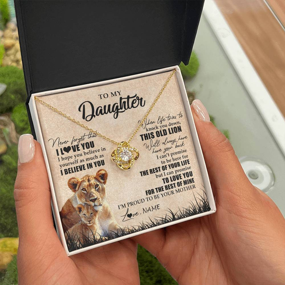 Love Knot Necklace 18K Yellow Gold Finish | Personalized To My Daughter Gifts Necklace From Mom Mother Old Lion Daughter Jewelry Birthday Gifts Graduation Christmas Customized Gift Box Message Card | teecentury