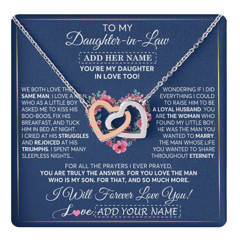 Interlocking Hearts Necklace Stainless Steel & Rose Gold Finish | 1 | Personalized To My Daughter In Law Gifts Necklace From Mother In Law Bonus Daughter In Law Honor Pendant Jewelry Birthday Customized Gift Box Message Card | teecentury