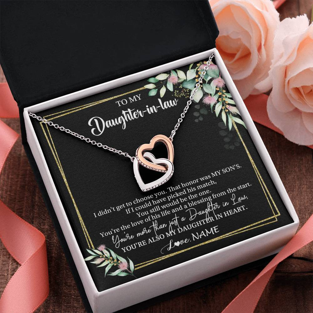 Interlocking Hearts Necklace Stainless Steel & Rose Gold Finish | 2 | Personalized To My Daughter In Law Necklace Gift From Mother In Law Honor Pendant Jewelry Daughter In Law Birthday Christmas Customized Gift Box Message Card | teecentury