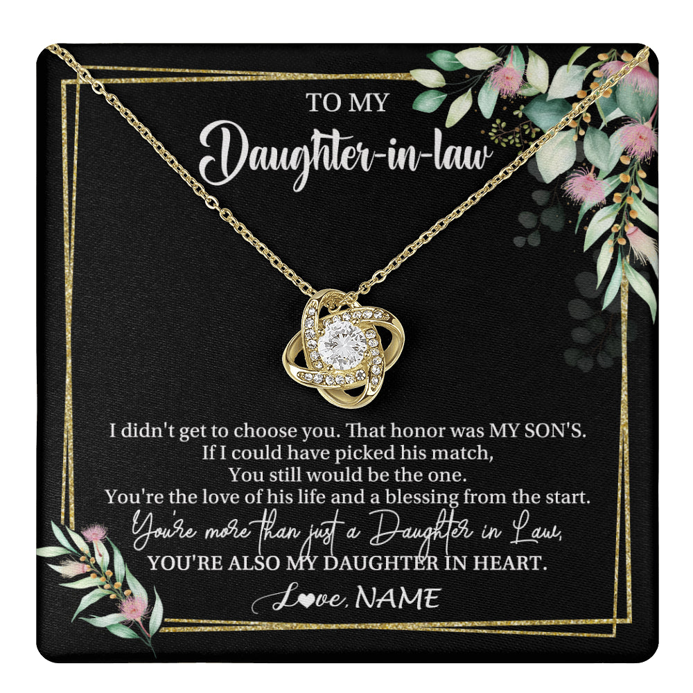 Love Knot Necklace 18K Yellow Gold Finish | 1 | Personalized To My Daughter In Law Necklace Gift From Mother In Law Honor Pendant Jewelry Daughter In Law Birthday Christmas Customized Gift Box Message Card | teecentury