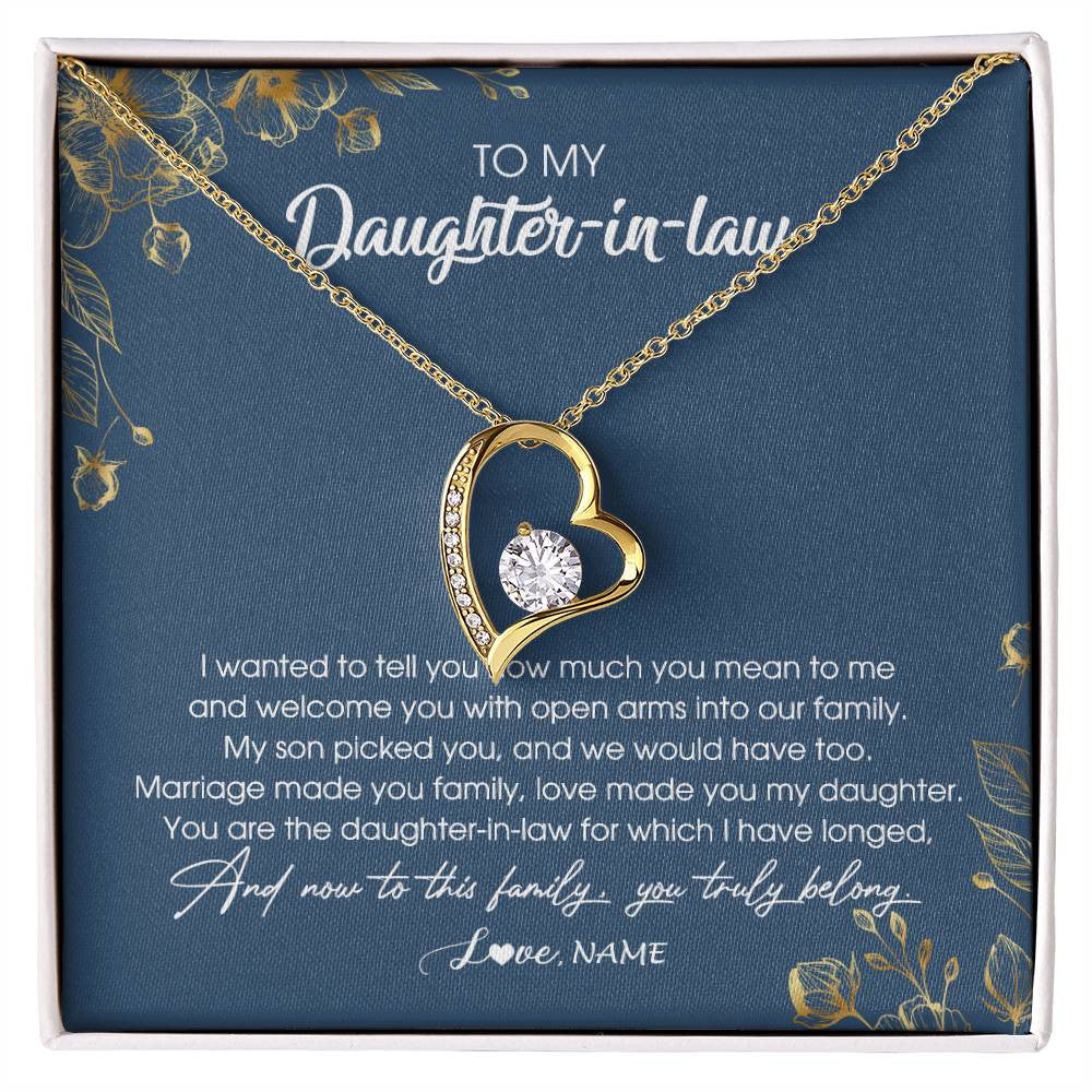 Forever Love Necklace 18K Yellow Gold Finish | Personalized To My Daughter In Law Necklace Welcome Into Our Family Daughter In Law Her Wedding Day Jewelry Birthday Christmas Customized Gift Box Message Card | teecentury