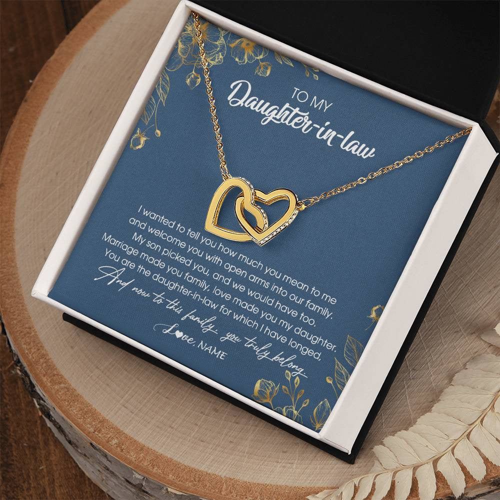 Interlocking Hearts Necklace 18K Yellow Gold Finish | Personalized To My Daughter In Law Necklace Welcome Into Our Family Daughter In Law Her Wedding Day Jewelry Birthday Christmas Customized Gift Box Message Card | teecentury