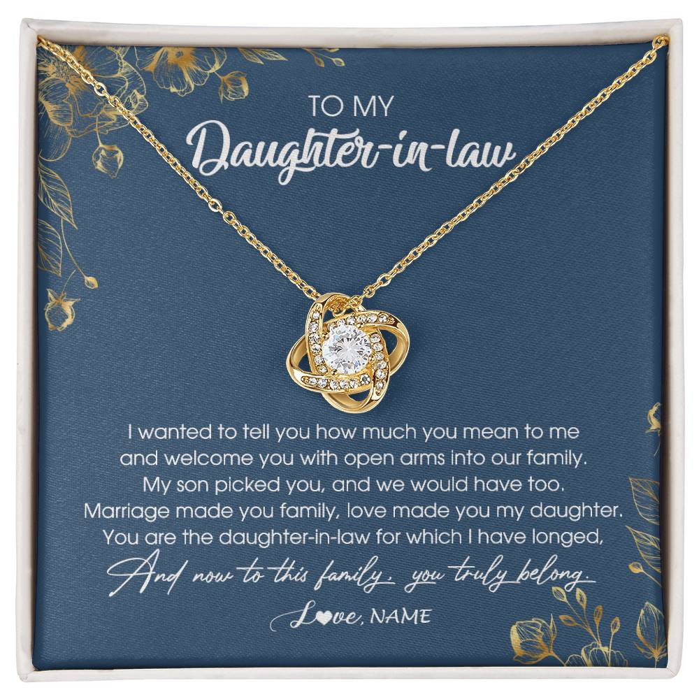 Love Knot Necklace 18K Yellow Gold Finish | Personalized To My Daughter In Law Necklace Welcome Into Our Family Daughter In Law Her Wedding Day Jewelry Birthday Christmas Customized Gift Box Message Card | teecentury