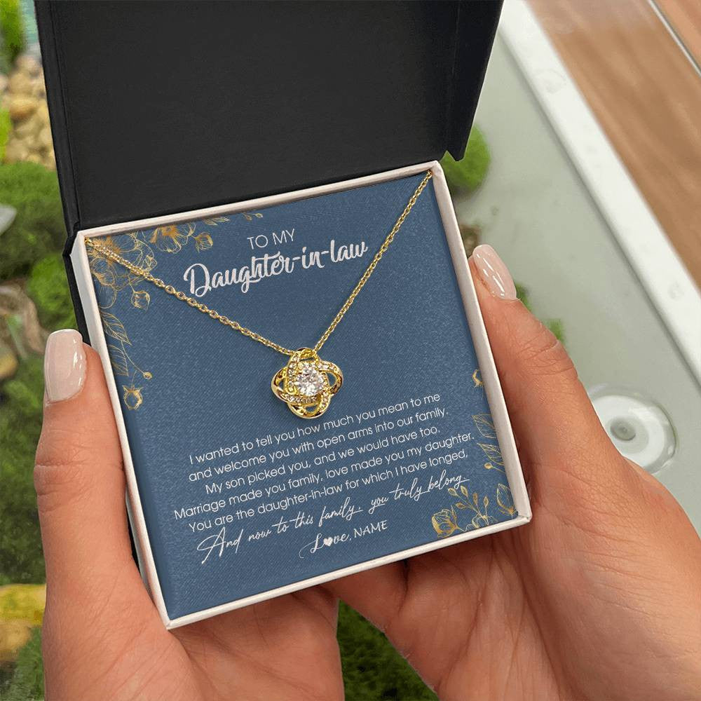 Love Knot Necklace 18K Yellow Gold Finish | Personalized To My Daughter In Law Necklace Welcome Into Our Family Daughter In Law Her Wedding Day Jewelry Birthday Christmas Customized Gift Box Message Card | teecentury