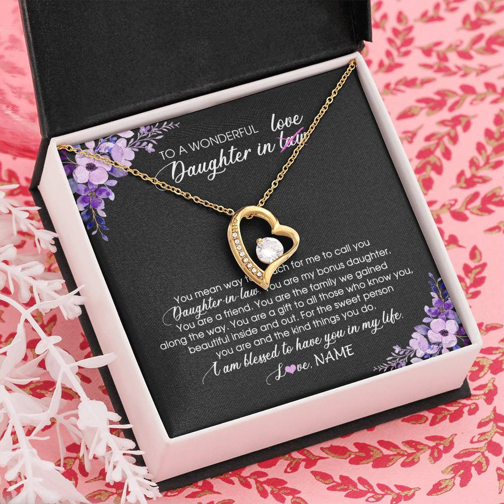 Forever Love Necklace 18K Yellow Gold Finish | Personalized To My Daughter In Law Necklace from Mother In Law You Are My Bonus Daughter Jewelry Birthday Wedding Day Christmas Customized Message Card | teecentury