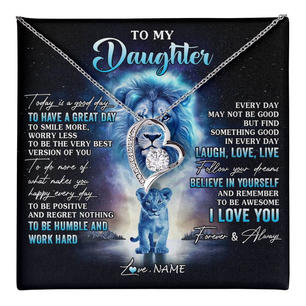 Forever Love Necklace 14K White Gold Finish | 1 | Personalized To My Daughter Lion Necklace From Dad Father Every Day Laugh Love Live Daughter Birthday Graduation Christmas Customized Gift Box Message Card | teecentury