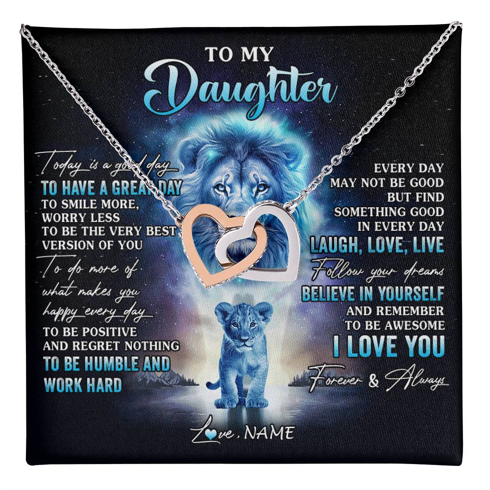 Interlocking Hearts Necklace Stainless Steel & Rose Gold Finish | 1 | Personalized To My Daughter Lion Necklace From Dad Father Every Day Laugh Love Live Daughter Birthday Graduation Christmas Customized Gift Box Message Card | teecentury