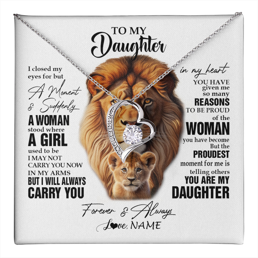 Forever Love Necklace 14K White Gold Finish | 1 | Personalized To My Daughter Lion Necklace From Dad Father I Closed My Eyes Great Daughter Birthday Gifts Graduation Christmas Customized Gift Box Message Card | teecentury