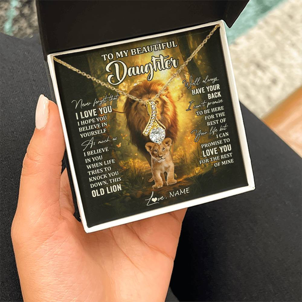 Alluring Beauty Necklace 18K Yellow Gold Finish | 2 | Personalized To My Daughter Lion Necklace From Dad Father Never Forget That I Love You Daughter Birthday Graduation Christmas Customized Gift Box Message Card | teecentury