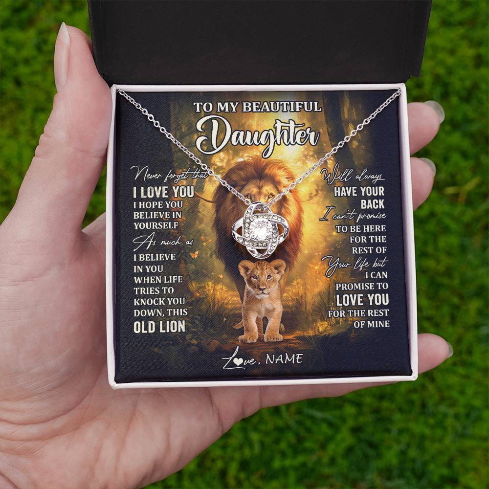 Love Knot Necklace 14K White Gold Finish | 2 | Personalized To My Daughter Lion Necklace From Dad Father Never Forget That I Love You Daughter Birthday Graduation Christmas Customized Gift Box Message Card | teecentury