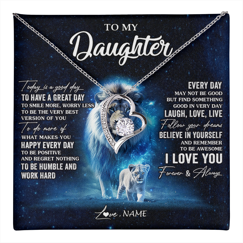 Forever Love Necklace 14K White Gold Finish | 1 | Personalized To My Daughter Lion Necklace From Dad Father Today Is A Good Day Daughter Gifts Birthday Graduation Christmas Customized Gift Box Message Card | teecentury
