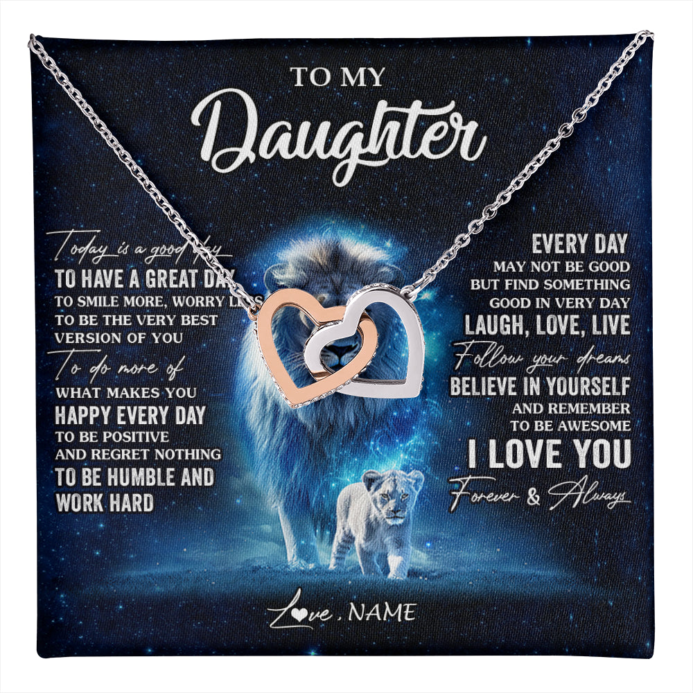 Interlocking Hearts Necklace Stainless Steel & Rose Gold Finish | 1 | Personalized To My Daughter Lion Necklace From Dad Father Today Is A Good Day Daughter Gifts Birthday Graduation Christmas Customized Gift Box Message Card | teecentury