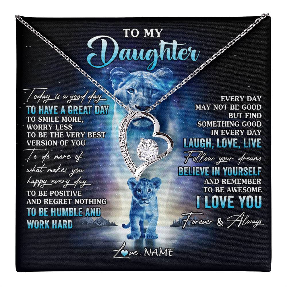 Forever Love Necklace 14K White Gold Finish | 1 | Personalized To My Daughter Lion Necklace From Mom Mother Every Day Laugh Love Live Daughter Birthday Graduation Christmas Customized Gift Box Message Card | teecentury