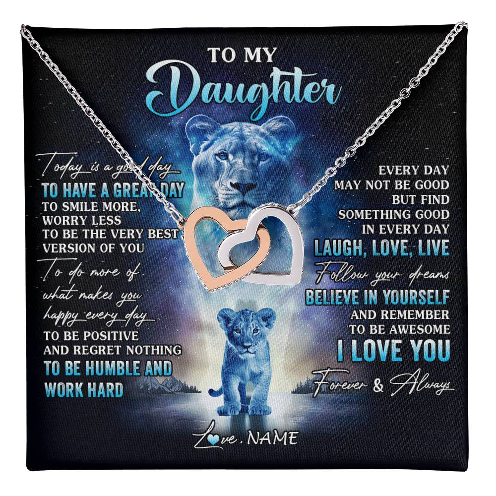 Interlocking Hearts Necklace Stainless Steel & Rose Gold Finish | 1 | Personalized To My Daughter Lion Necklace From Mom Mother Every Day Laugh Love Live Daughter Birthday Graduation Christmas Customized Gift Box Message Card | teecentury