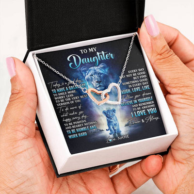 Interlocking Hearts Necklace Stainless Steel & Rose Gold Finish | 2 | Personalized To My Daughter Lion Necklace From Mom Mother Every Day Laugh Love Live Daughter Birthday Graduation Christmas Customized Gift Box Message Card | teecentury