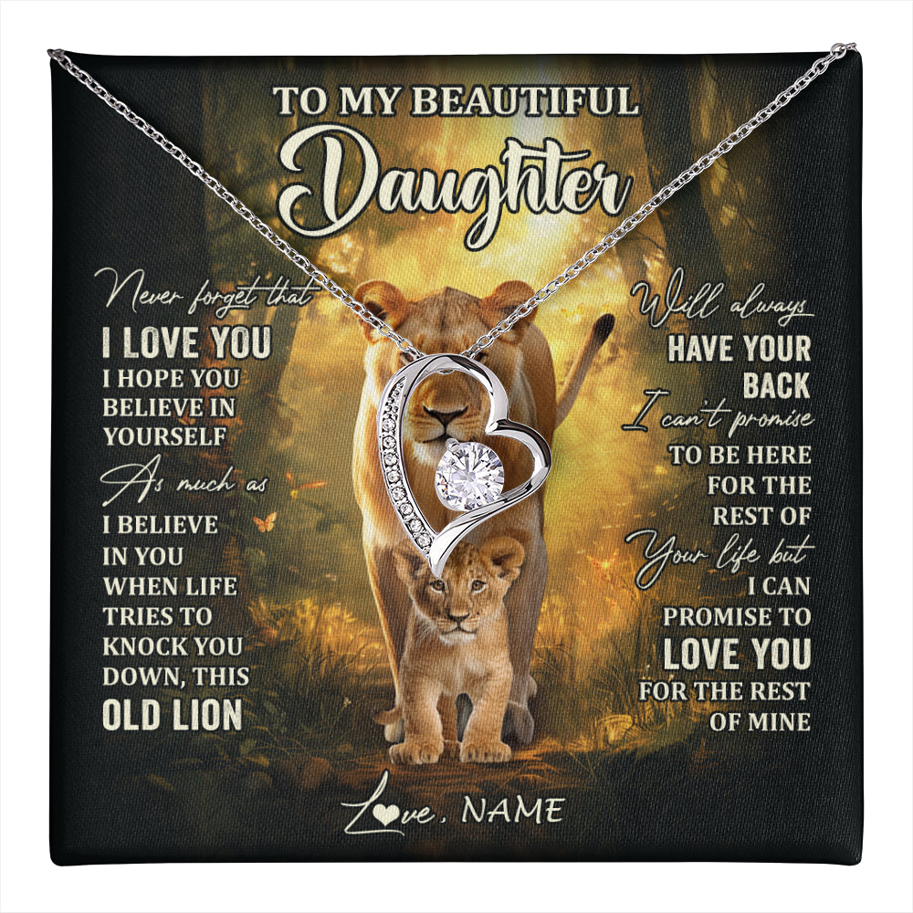 Forever Love Necklace 14K White Gold Finish | 1 | Personalized To My Daughter Lion Necklace From Mom Mother Never Forget That I Love You Daughter Birthday Graduation Christmas Customized Gift Box Message Card | teecentury