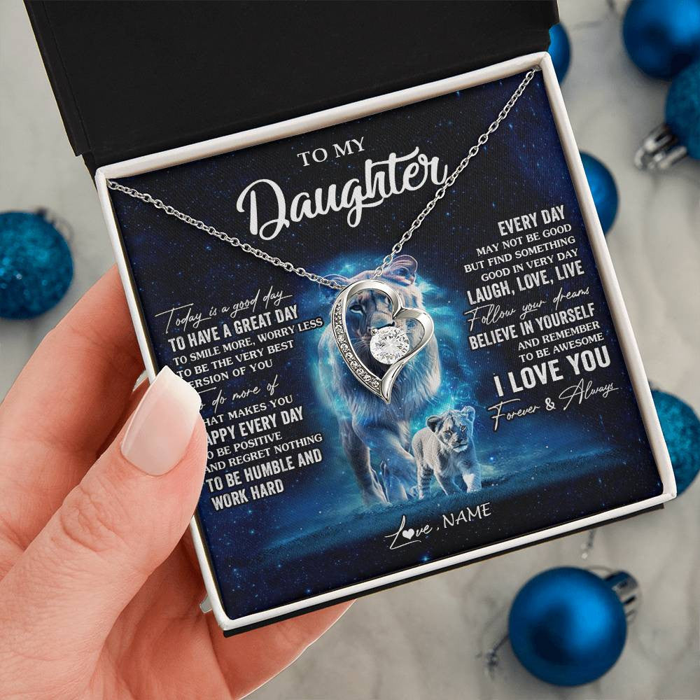 Forever Love Necklace 14K White Gold Finish | 2 | Personalized To My Daughter Lion Necklace From Mom Mother Today Is A Good Day Daughter Gifts Birthday Graduation Christmas Customized Gift Box Message Card | teecentury