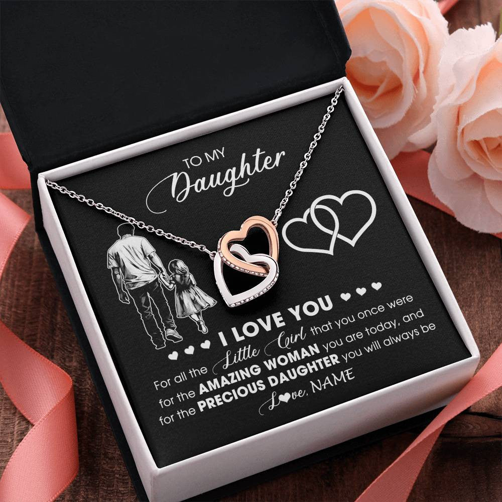Interlocking Hearts Necklace Stainless Steel & Rose Gold Finish | 2 | Personalized To My Daughter Necklace From Dad Father I Love You Little Girl Daughter Birthday Graduation Christmas Jewelry Customized Gift Box Message Card | teecentury