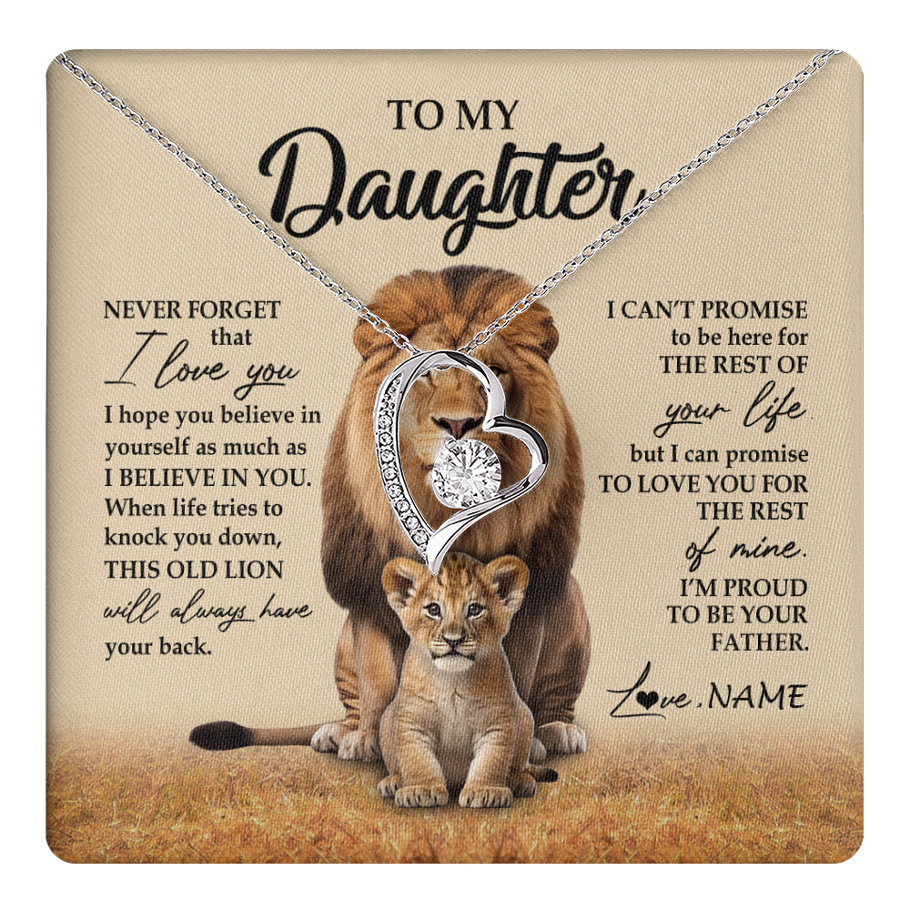 Forever Love Necklace 14K White Gold Finish | 1 | Personalized To My Daughter Necklace From Dad Father Lion Never Forget That I Love You Daughter Jewelry Birthday Graduation Christmas Customized Message Card | teecentury