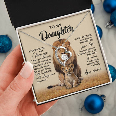 Forever Love Necklace 14K White Gold Finish | 2 | Personalized To My Daughter Necklace From Dad Father Lion Never Forget That I Love You Daughter Jewelry Birthday Graduation Christmas Customized Message Card | teecentury