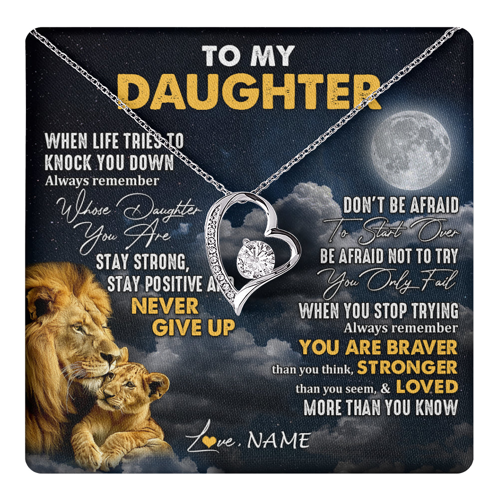 Forever Love Necklace 14K White Gold Finish | 1 | Personalized To My Daughter Necklace From Dad Father Lion Never Give Up Daughter Birthday Graduation Jewelry Christmas Customized Gift Box Message Card | teecentury