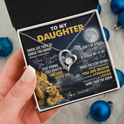 Forever Love Necklace 14K White Gold Finish | 2 | Personalized To My Daughter Necklace From Dad Father Lion Never Give Up Daughter Birthday Graduation Jewelry Christmas Customized Gift Box Message Card | teecentury