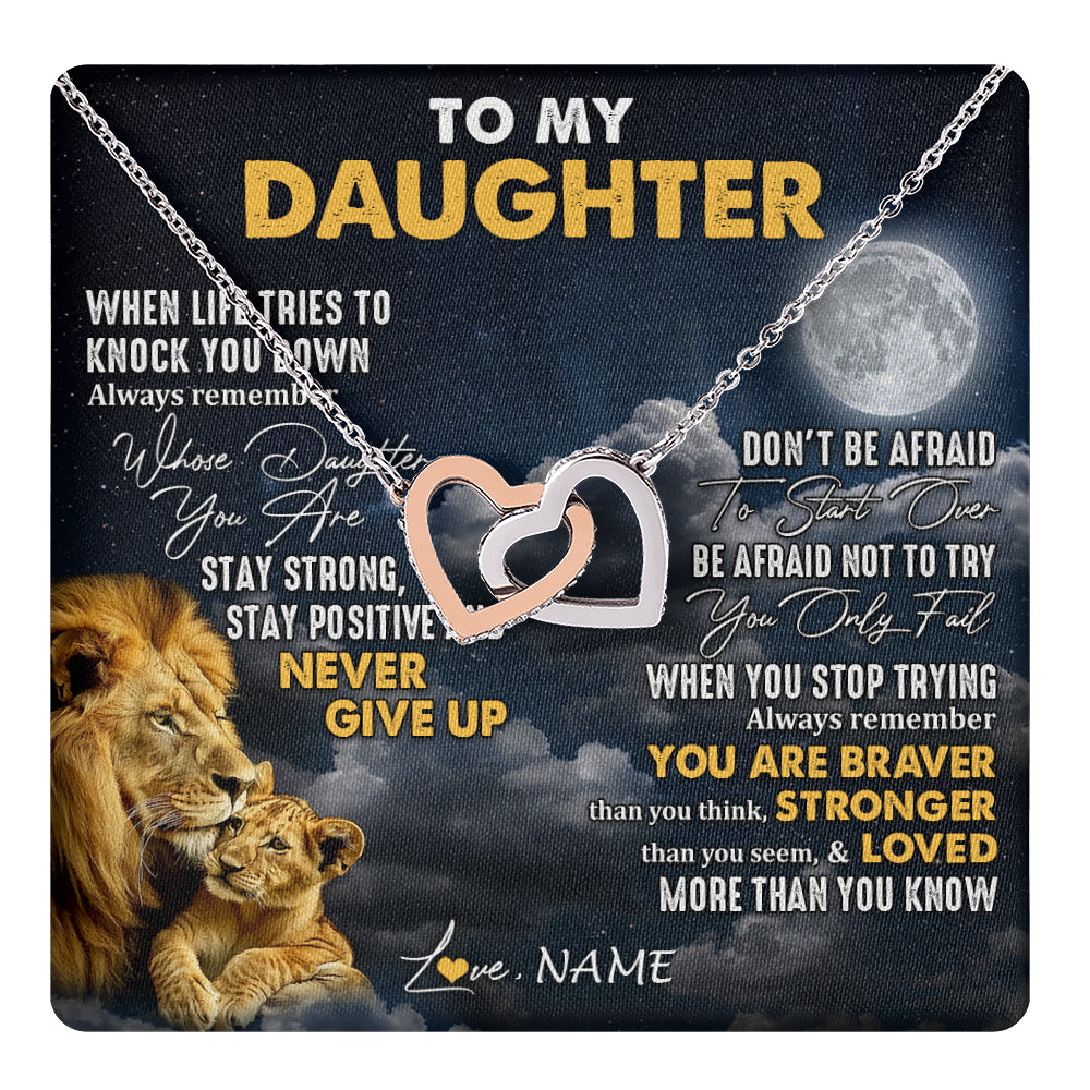 Interlocking Hearts Necklace Stainless Steel & Rose Gold Finish | 1 | Personalized To My Daughter Necklace From Dad Father Lion Never Give Up Daughter Birthday Graduation Jewelry Christmas Customized Gift Box Message Card | teecentury