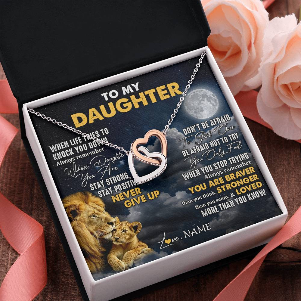 Interlocking Hearts Necklace Stainless Steel & Rose Gold Finish | 2 | Personalized To My Daughter Necklace From Dad Father Lion Never Give Up Daughter Birthday Graduation Jewelry Christmas Customized Gift Box Message Card | teecentury