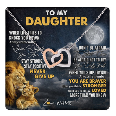 Interlocking Hearts Necklace Stainless Steel & Rose Gold Finish | 1 | Personalized To My Daughter Necklace From Dad Father Lion Never Give Up Daughter Birthday Graduation Jewelry Christmas Customized Gift Box Message Card | teecentury