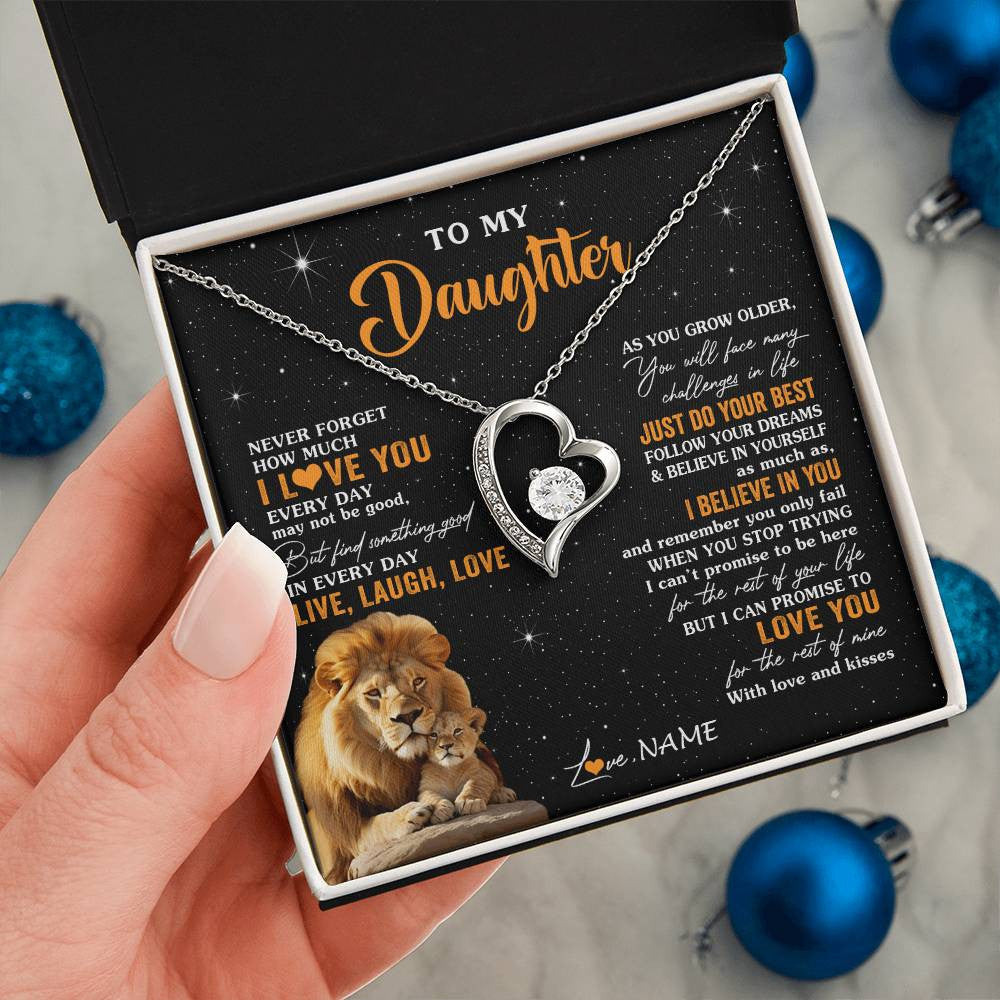 Forever Love Necklace 14K White Gold Finish | 2 | Personalized To My Daughter Necklace From Dad Father Live Laugh Love Lion Daughter Birthday Positive Graduation Christmas Customized Gift Box Message Card | teecentury