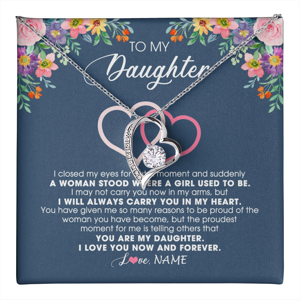 Forever Love Necklace 14K White Gold Finish | 1 | Personalized To My Daughter Necklace From Dad Father Mom I Love You Now And Forever Jewelry For Daughter Birthday Graduation Christmas Customized Message Card | teecentury