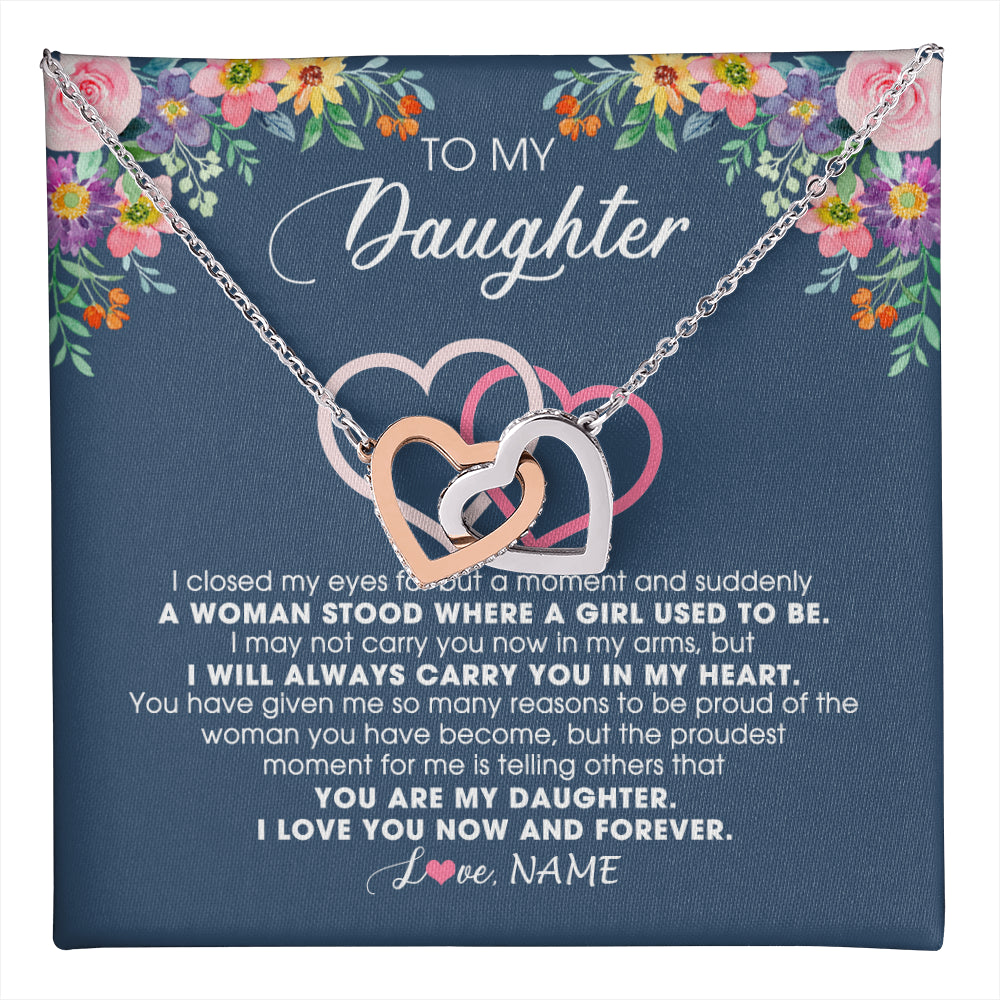 Interlocking Hearts Necklace Stainless Steel & Rose Gold Finish | 1 | Personalized To My Daughter Necklace From Dad Father Mom I Love You Now And Forever Jewelry For Daughter Birthday Graduation Christmas Customized Message Card | teecentury