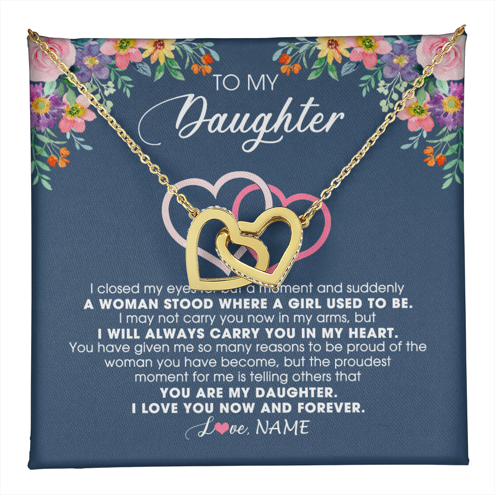 Interlocking Hearts Necklace 18K Yellow Gold Finish | 1 | Personalized To My Daughter Necklace From Dad Father Mom I Love You Now And Forever Jewelry For Daughter Birthday Graduation Christmas Customized Message Card | teecentury