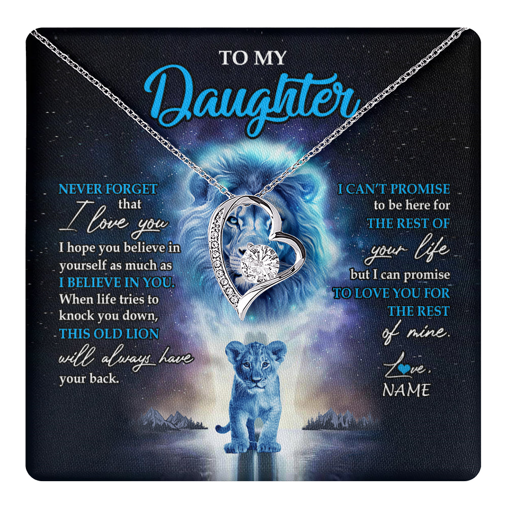 Forever Love Necklace 14K White Gold Finish | 1 | Personalized To My Daughter Necklace From Dad Father Never Forget I Love You Lion Daughter Jewelry Birthday Graduation Christmas Customized Message Card | teecentury