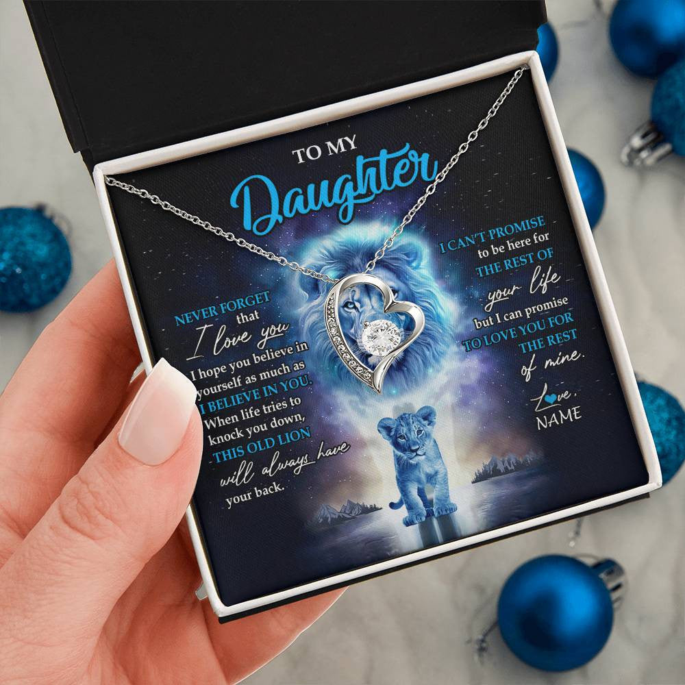 Forever Love Necklace 14K White Gold Finish | 2 | Personalized To My Daughter Necklace From Dad Father Never Forget I Love You Lion Daughter Jewelry Birthday Graduation Christmas Customized Message Card | teecentury