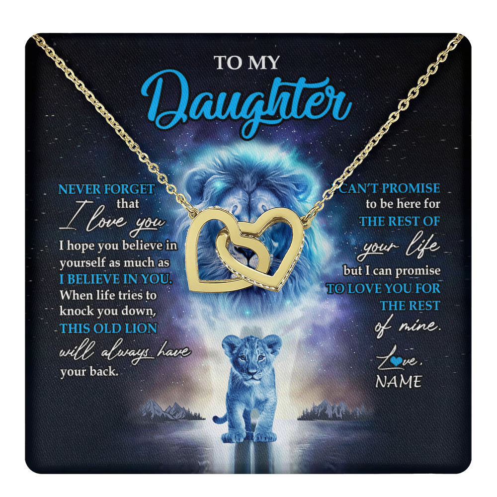 Interlocking Hearts Necklace 18K Yellow Gold Finish | 1 | Personalized To My Daughter Necklace From Dad Father Never Forget I Love You Lion Daughter Jewelry Birthday Graduation Christmas Customized Message Card | teecentury