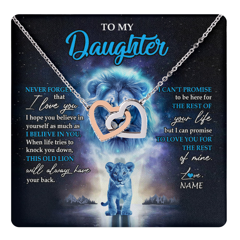 Interlocking Hearts Necklace Stainless Steel & Rose Gold Finish | 1 | Personalized To My Daughter Necklace From Dad Father Never Forget I Love You Lion Daughter Jewelry Birthday Graduation Christmas Customized Message Card | teecentury