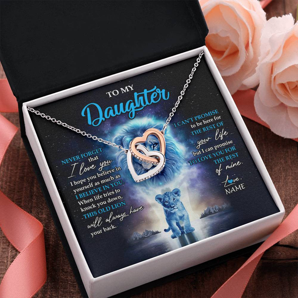 Interlocking Hearts Necklace Stainless Steel & Rose Gold Finish | 2 | Personalized To My Daughter Necklace From Dad Father Never Forget I Love You Lion Daughter Jewelry Birthday Graduation Christmas Customized Message Card | teecentury
