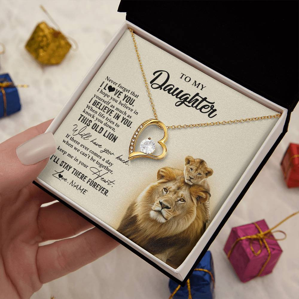 Forever Love Necklace 18K Yellow Gold Finish | 2 | Personalized To My Daughter Necklace From Dad Father This Old Lion Never Forget I Love You Daughter Jewelry Birthday Christmas Customized Gift Box Message Card | teecentury