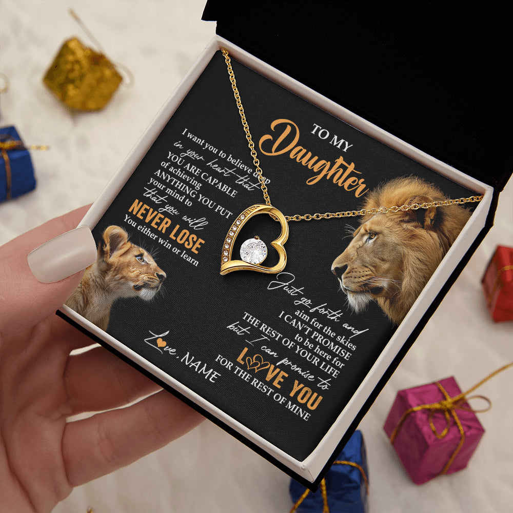 Forever Love Necklace 18K Yellow Gold Finish | 2 | Personalized To My Daughter Necklace From Dad Father You Will Never Lose Lion Daughter Birthday Gifts Graduation Christmas Customized Gift Box Message Card | teecentury