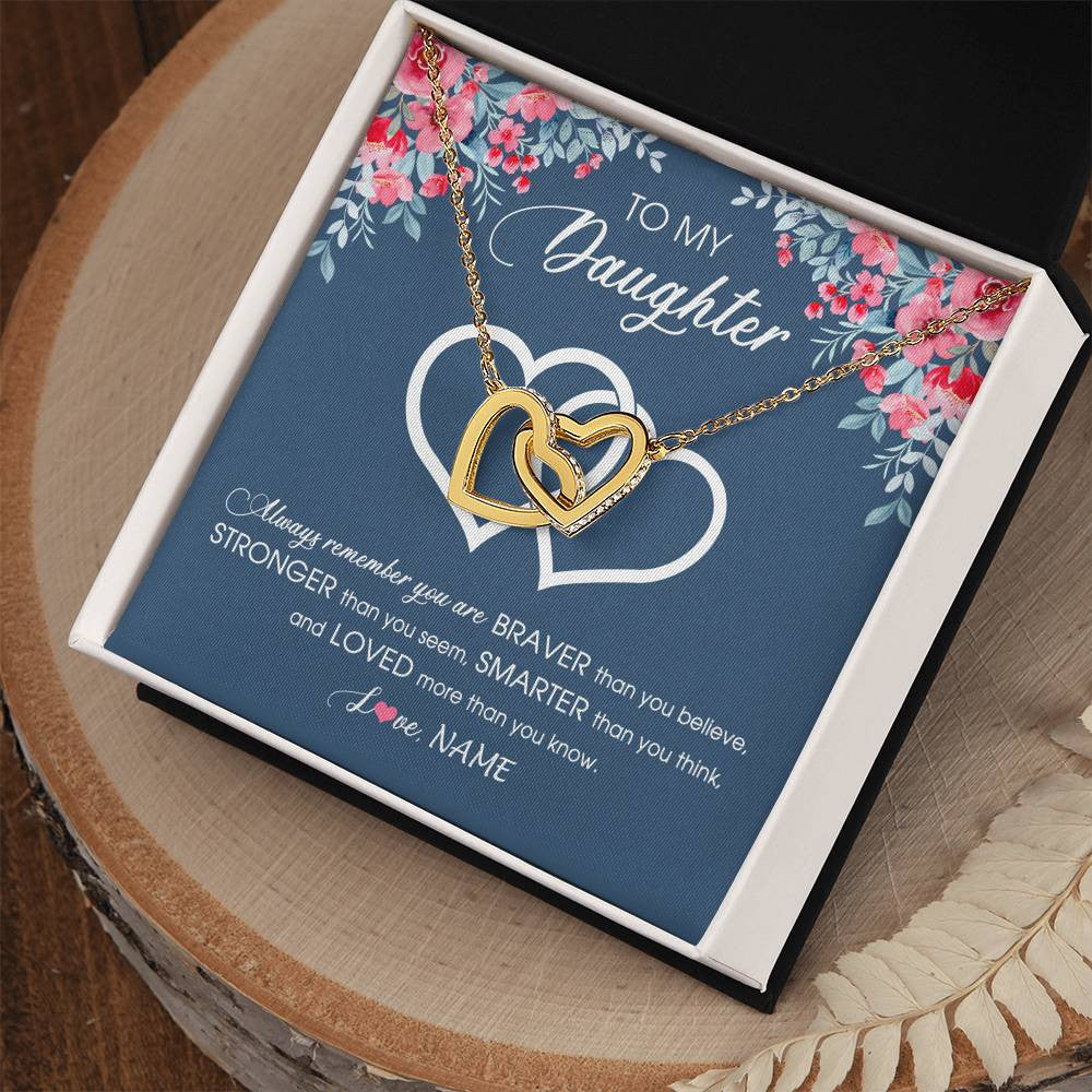 Interlocking Hearts Necklace 18K Yellow Gold Finish | Personalized To My Daughter Necklace From Dad Mom Braver Stronger Smarter Loved Daughter Jewelry Birthday Graduation Christmas Customized Message Card | teecentury