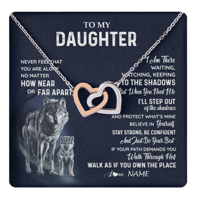 Interlocking Hearts Necklace Stainless Steel & Rose Gold Finish | 1 | Personalized To My Daughter Necklace From Dad Mom Mother Never Feel You Are Alone Wolf Daughter Birthday Graduation Christmas Customized Gift Box Message Card | teecentury