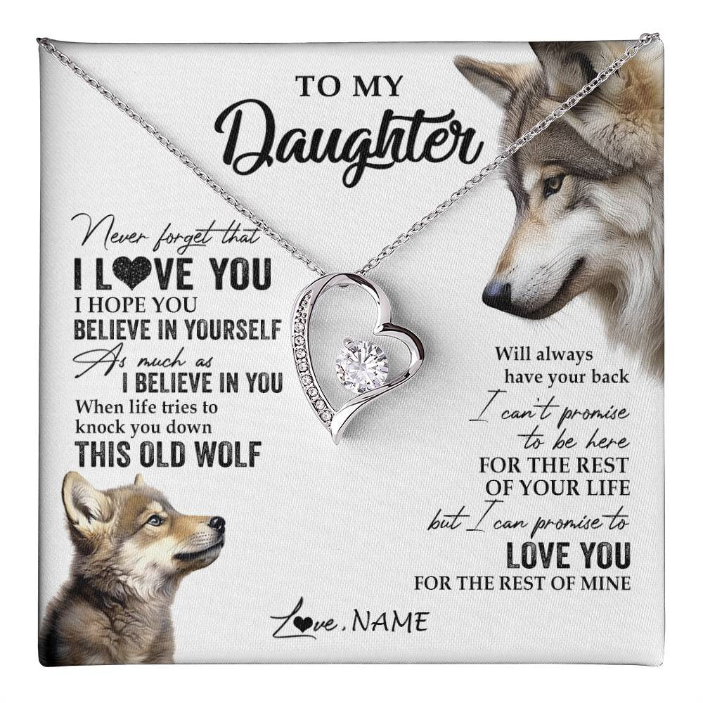 Forever Love Necklace 14K White Gold Finish | 1 | Personalized To My Daughter Necklace From Dad Mom Mother This Old Wolf Love You Daughter Birthday Graduation Christmas Customized Gift Box Message Card | teecentury